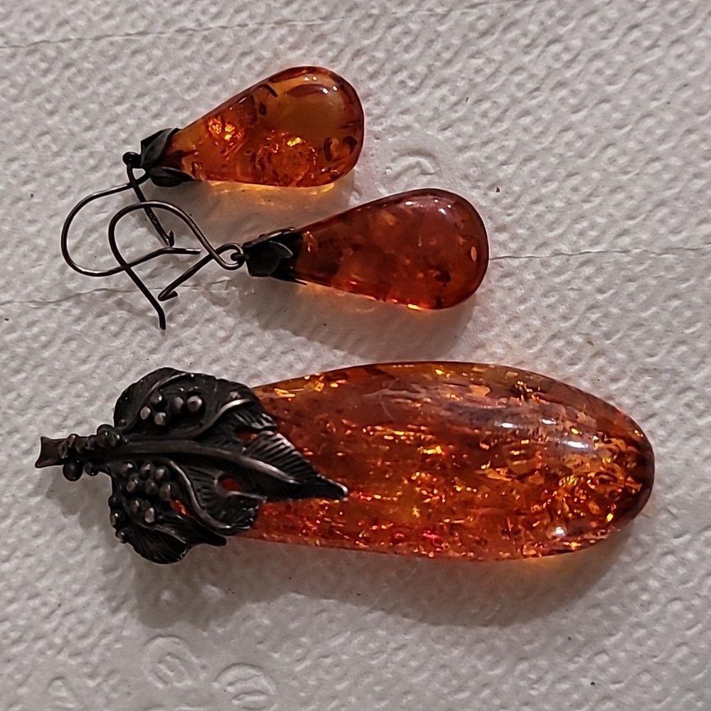 Antique Baltic Amber Demi Set Pendant Earrings Sterling Silver